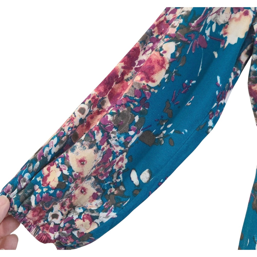 Boho Fairy Lovestitch Size S Teal Blue Floral Wrap Dress Long Sleeve Ruffle Hem - Picture 4 of 8